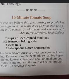 a recipe book with instructions on how to make tomato soup