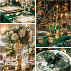 green and gold wedding decor with flowers, candles, napkins and place settings on the table