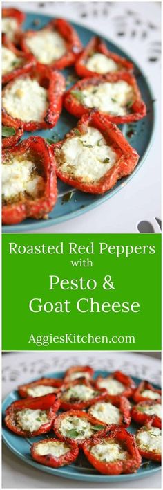 roasted red peppers with pesto and goat cheese on a blue plate next to the recipe title