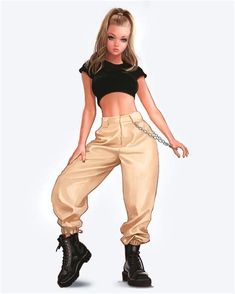 a drawing of a woman in gold pants and black top with chains around her ankles