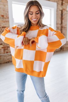 This luxurious Checkered Bishop Sleeve Sweater will have you looking fashionable and feeling cozy. The checkered pattern and bishop sleeves make this sweater stand out from the rest of your wardrobe. Be inspired and stay stylish with this timeless piece. Model Info: Models are 5'7", Size 2, wearing smalls Fabric: 100% Acrylic Sizes Bust Sleeve_Length Length Hem_Width Relax Relax Relax Relax S 44.9 16.5 23.6 40.2 M 47.2 16.5 24.4 42.5 L 49.6 16.5 25.2 44.9 XL 52.8 16.5 26.0 48.0 Elasticity High Bishop Sleeve, Look Stylish, Checkered Pattern, Stay Cozy, Fall Wardrobe, Sweater Sleeves, Pink Sweater, Curvy Fashion, Dressed Down