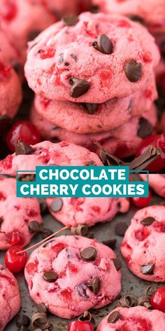 chocolate cherry cookies stacked on top of each other with the words, chocolate cherry cookies