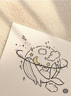 a drawing of a bird with stars and clouds on it's back, flying through the air