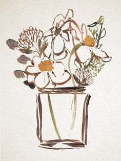 a drawing of flowers in a glass vase