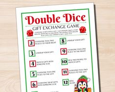 a printable christmas gift exchange game is shown on a wooden table with red and green numbers