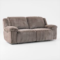 a couch that is made out of some kind of cordy fabric, with the arms folded