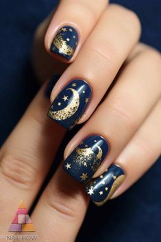 Shine bright with this enchanting moon and stars nail art. The gold accents on a navy blue background create a luxurious and elegant look. Explore more moon nail designs at nailhow.com. Sun And Moon Gel Nails, Moon And Stars Manicure, Dark Blue Moon Nails, Gold Moon Nail Art, Blue Moon And Stars Nail Art, Half Moon Nails, Star Nail Designs, Silk Wrap Nails, Acrylic Nails At Home