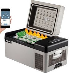 a person holding a cell phone next to an ice chest with sodas in it