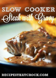 slow cooker steak with gravy on a plate