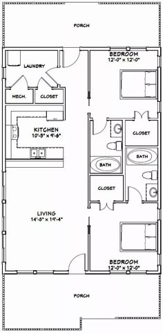 the floor plan for a two bedroom, one bathroom apartment with an attached kitchen and living room