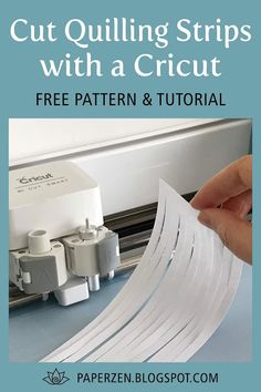 a person cutting strips with a cricut machine and text overlay that reads, cut quilting strips with a cricut free pattern & tutor