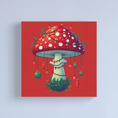 a mushroom with christmas decorations hanging from it's side on a red background canvas print