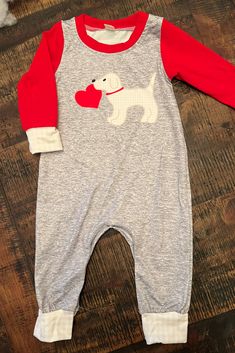 Adorable lab puppy with his Valentine adorn the front of this baby boy grey romper with red sleeves. Available at dallasdarlins.com Grey Romper, Gray Romper, Baby Boy Romper