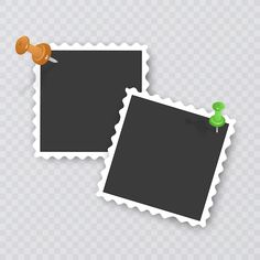 two blank photo frames with push pin and thumbnails on the sticker illustration