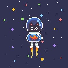 an pixel art spaceman is flying through the sky with stars and planets around him