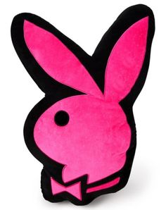 a black and pink bunny head pillow on a white background