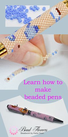 the beaded pen is being held by someone's hand with beads on it