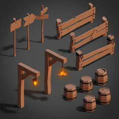 a set of wooden benches, barrels and lanterns