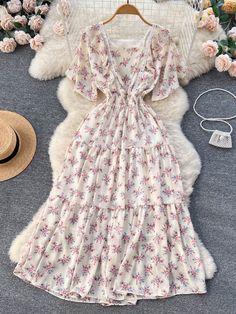 One Size: Length:110cm, Sleeve:24cm, Chest:92cm, Waist:60-100cmMaterial Composition: Synthetic FiberClosure Type: PulloverFabric Type: ChiffonType: RegularAge: Ages 25-35 Years OldSeason: Summer&ltp&gtNeckline: Square Collar&lt/p&gt&ltbr/&gt&ltp&gtWaistline: Empire&lt/p&gt&ltbr/&gt&ltp&gtSleeve Style: Regular&lt/p&gt&ltbr/&gt&ltp&gtDresses Length: Mid-Calf&lt/p&gt&ltbr/&gt&ltp&gtSleeve Length(Cm): Short&lt/p&gt&ltbr/&gt&ltp&gtPattern Type: Print&lt/p&gt&ltbr/&gt&ltp&gtSilhouette: A-Line&lt/p&gt& White Fitted Chiffon Dress With Ruffles, Fitted White Chiffon Dress With Ruffles, White Short Sleeve Feminine Chiffon Dress, White Ruffled Chiffon Summer Dress, Summer Tiered Chiffon Dress With Ruffles, Feminine White Short Sleeve Chiffon Dress, Feminine White Chiffon Short Sleeve Dress, Chiffon Ruffle Dress For Garden Party, Spring Chiffon Midi Dress With Ruffle Hem