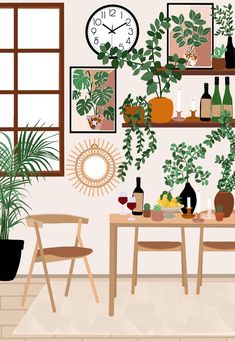 a dining room table with plants and wine bottles on the shelves, next to an open window