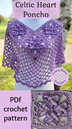 the celtic heart poncho crochet pattern is shown in purple and white