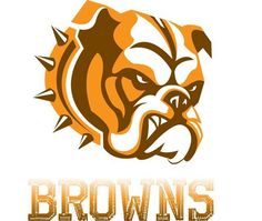 the brown and white logo is shown with an angry bulldog's head in the center