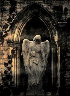 an angel statue sitting in front of a stone building with ivy growing around it's sides