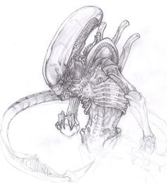 a drawing of an alien creature with its head in the air