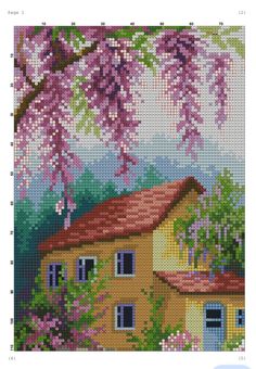 a cross stitch pattern of a house with flowers on the outside and trees in the background