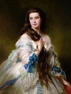 a painting of a woman with long hair wearing a white dress and blue ribbon around her neck