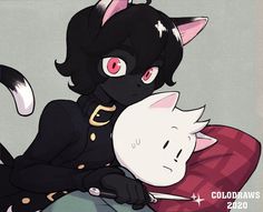 a black cat with pink eyes holding onto a white cat's head while sitting on top of a pillow