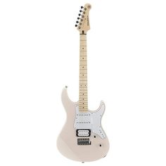 an electric guitar with a white body and black hardware on the neck, sitting in front of a white background