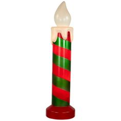 Add a nostalgic touch to your outdoor holiday display with this retro red and green striped candle. Crafted from durable blow mold construction, this classic decoration features vibrant colors and lights up with two C7 clear bulbs, creating a warm and inviting glow that captures the charm of Christmases past. Perfect for adding festive cheer to your yard or porch. Product Features: Outdoor candle decoration. Lighted with clear bulbs. Bulb size: C7. Bulb type: incandescent. 60" white lead cord. R Outdoor Candle, Classic Decoration, Candle Decoration, Outdoor Candles, Holiday Display, Outdoor Holidays, Blow Molding, Classic Decor, Plastic Glass