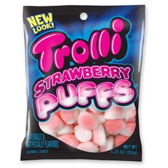 trolly strawberry puffs are in a bag on a white background, with the word troll