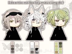 three anime character keychais with different colors and designs on the front, one in black