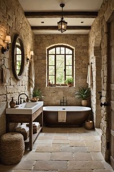 a bathroom with stone walls and an oval mirror above the bathtub is decorated in brown tones