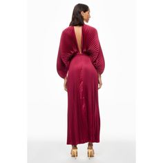 Red (100% high-grade pleated polyester). Gown. Long sleeves. V-neck. Back zipper closure. Imported. Pleated V-neck Gown For Party, Pleated V-neck Maxi Dress For Formal Events, Pleated V-neck Maxi Dress For Gala, Formal V-neck Ruched Pleated Dress, V-neck Maxi Dress With Pleated Back For Gala, Chic Pleated Gown For Formal Occasions, Chic Pleated Formal Gown, Elegant V-neck Gown With Pleated Detail, Elegant V-neck Gown With Pleats