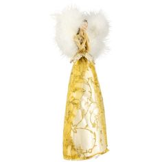 an angel figurine with white feathers on it's head and gold dress