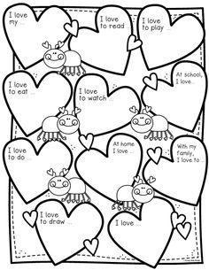 valentine's day worksheet for kids with hearts and animals in the center