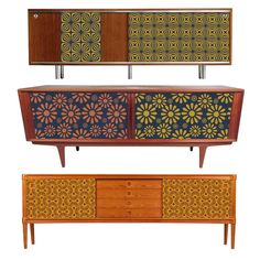 three different types of sideboards with designs on the doors and drawers, one in wood