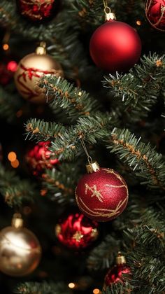 a christmas tree with red and gold ornaments