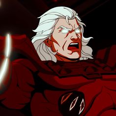 an animated image of a man with white hair and red eyes, holding his arm out