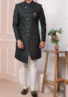 Men's Indo Western Party Wear Sherwani Suit - db20465 Formal Semi-stitched Salwar Kameez With Cutdana, Formal Straight Kurta Salwar Kameez With Cutdana, Formal Green Churidar With Dabka Detailing, Formal Salwar Kameez With Zari Work For Transitional Season, Formal Churidar With Straight Kurta For Eid, Formal Straight Kurta Churidar For Eid, Formal Eid Churidar With Straight Kurta, Formal Salwar Kameez For Eid With Traditional Drape, Ceremonial Jamawar Kurta With Cutdana Details