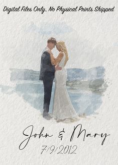 a watercolor painting of a bride and groom kissing in front of the ocean on their wedding day