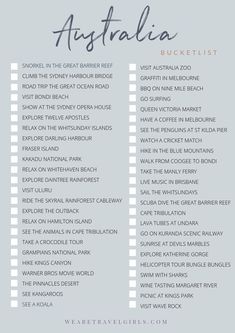 the australia bucket list with text overlaying it in blue and white, on a gray background