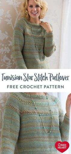 a woman wearing a green sweater and smiling with the text, free crochet pattern