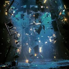 an abstract scene with lots of chairs floating in the air and lights shining on them