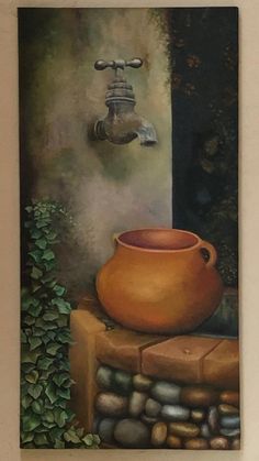 an oil painting of a pot and water faucet on top of a stone wall