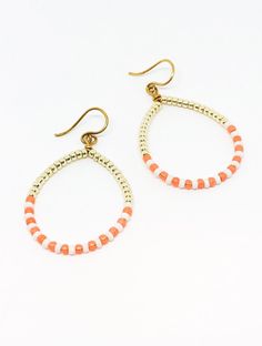 "Coral gold hoop earrings. beaded earrings. beaded hoops. handmade jewelry. jewelry gifts for women. gift for teenager. seed bead earrings. Handmade in Portland, Oregon.  This will make the perfect gift! Or, definitely get it for yourself, I support that, too. MEASUREMENTS + MATERIALS - Length is about 1.5 inches in length - Color is a coral orange with white and gold accent seed beads - Gold plated for sensitive skin (hypoallergenic) - Other colors available!  WHAT PEOPLE SAY \"Beautiful crafts Summer Hoop Jewelry With Tiny Beads, Gold Jewelry With Tiny Beads For Summer, Summer Gold Jewelry With Tiny Beads, Gold Beaded Small Hoop Earrings For Summer, Gold Hoop Earrings With Tiny Beads For Summer, Gold Small Hoop Earrings With Tiny Beads, Gold Teardrop Earrings With Tiny Beads, Gold Hoop Jewelry With Tiny Beads, Gold Beaded Hoop Earrings For The Beach