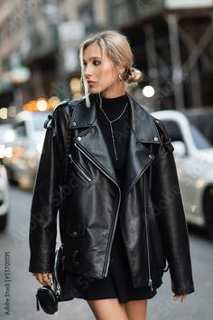 Stock Image: portrait of blonde woman in stylish leather jacket looking away on urban street in New York Edgy Black Leather Jacket For Fall, Edgy Leather Jacket For Urban Winter Adventures, Edgy Downtown Photoshoot, Leather Jacket Poses Women, Aquarius Mercury, Black Leather Jacket Photoshoot, Nyc Portraits, Disco Fries, Foundations For Dry Skin